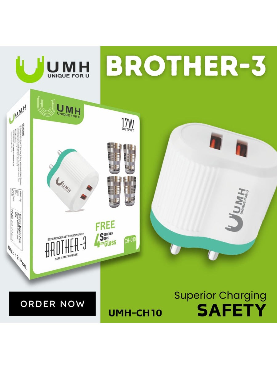 UMH BROTHER-3 17W Dual USB Fast Charger with Free Cable & Mobile Hub
